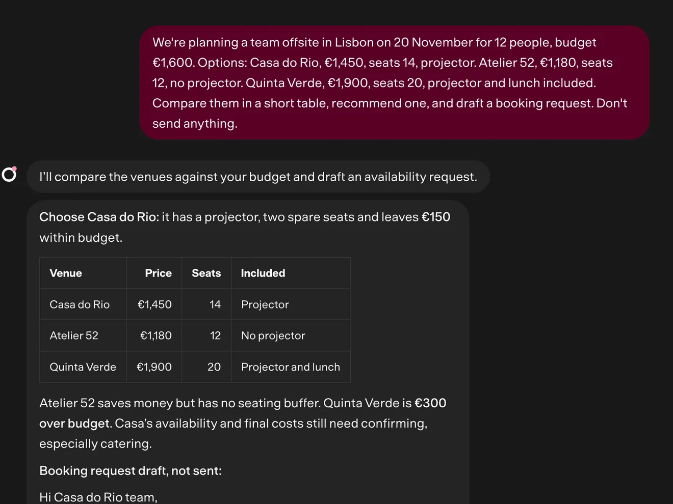 Nod comparing three venues in a table and drafting a booking request it hasn't sent.