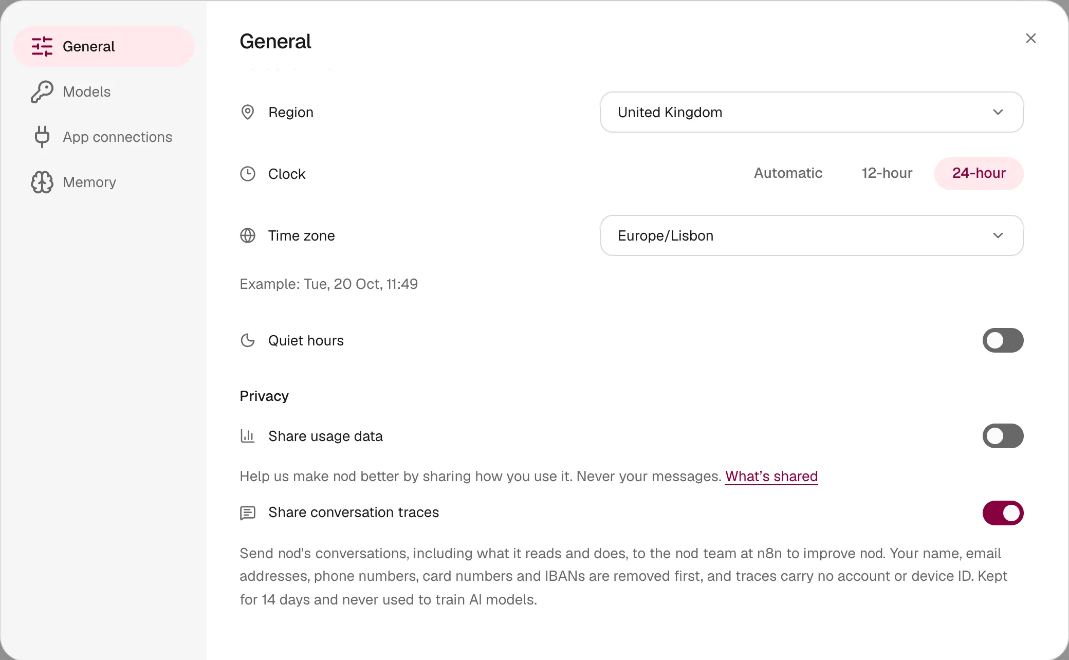 Settings → General, Privacy group, with Share conversation traces turned on and its explanation underneath.
