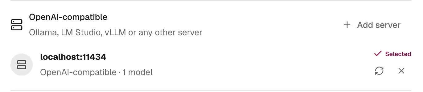 The Models dialog lists the OpenAI-compatible server localhost with one model, selected, next to the Add server button.