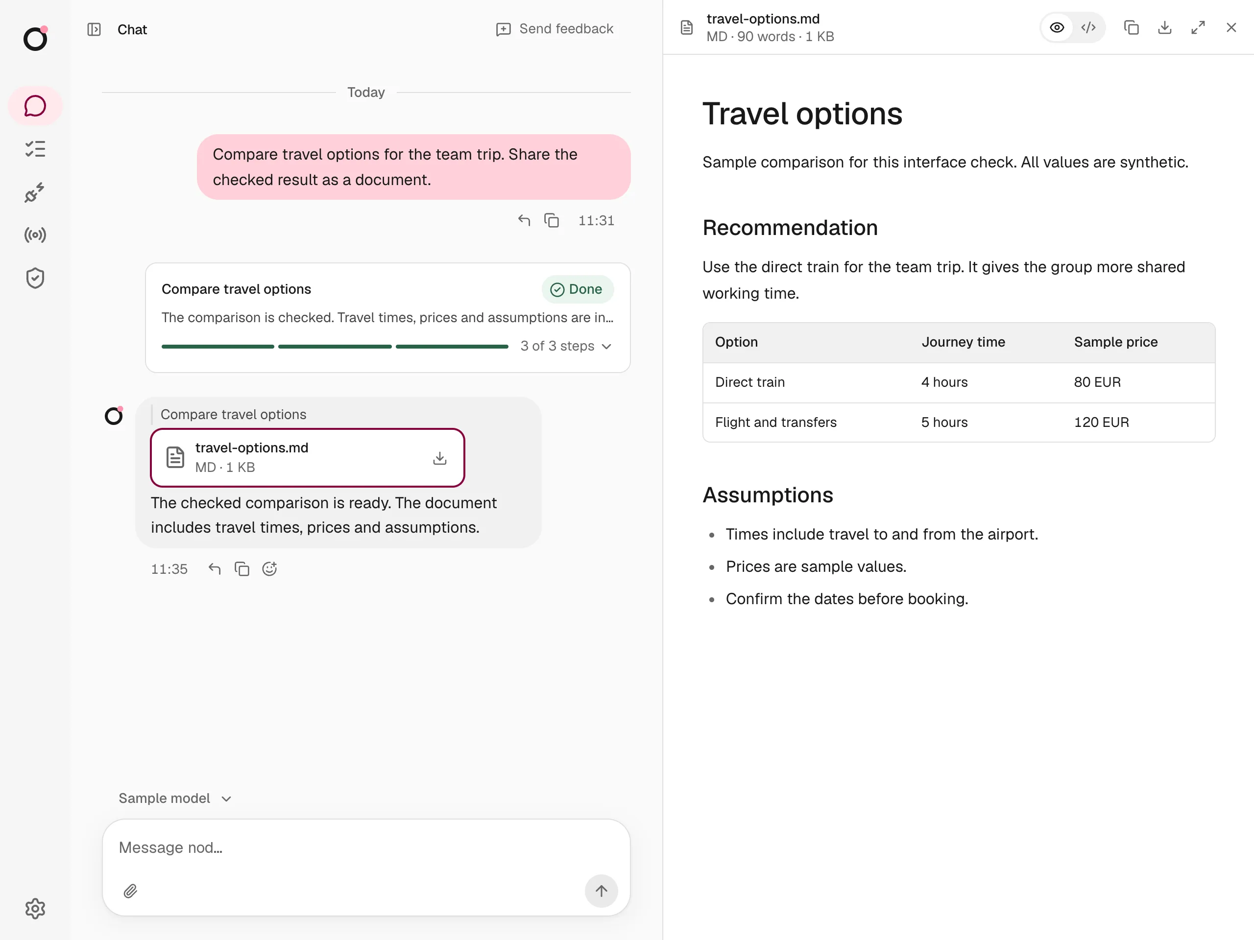 A task result open in the panel next to the chat, showing a Markdown document with a comparison table and assumptions.