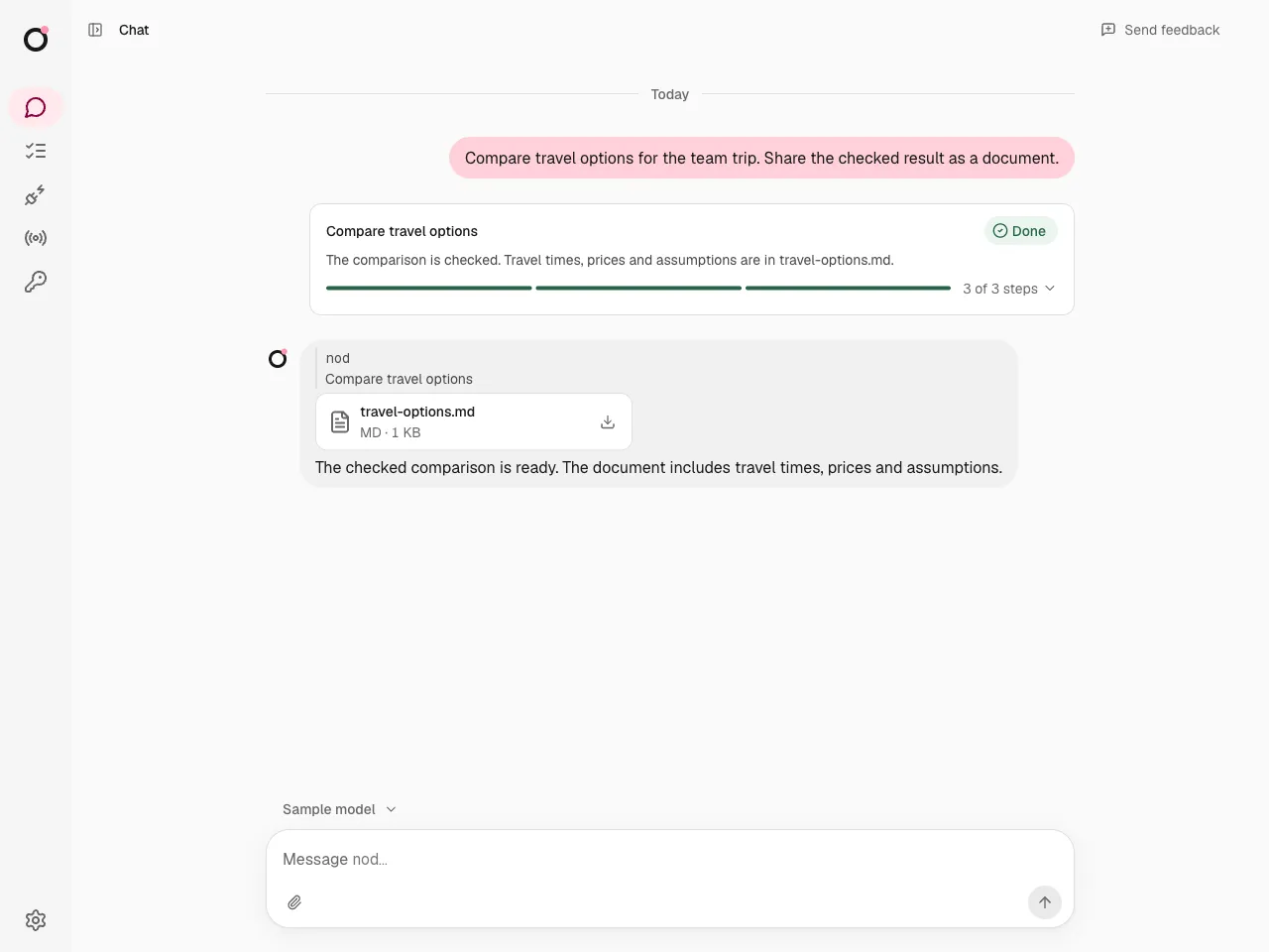 A completed task with a Markdown document result in chat.