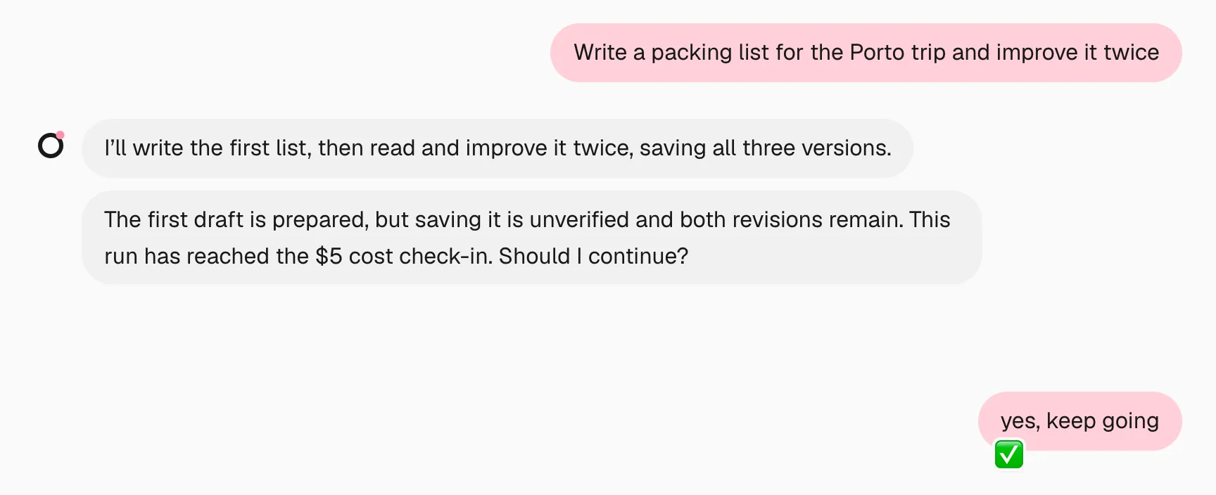 Nod in chat: the first draft is ready and both revisions remain, the run has reached the $5 check-in, and Nod asks whether to continue. The reply is yes, keep going.