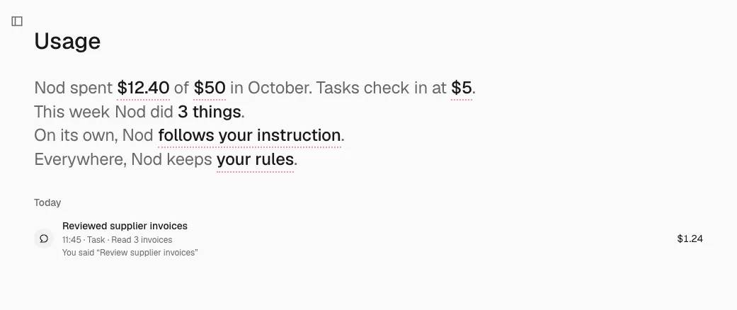 Usage shows model costs, a $40 monthly limit, the $5 task check-in, a standing instruction, a rule to ask before paying, completed tasks and a sign-in.