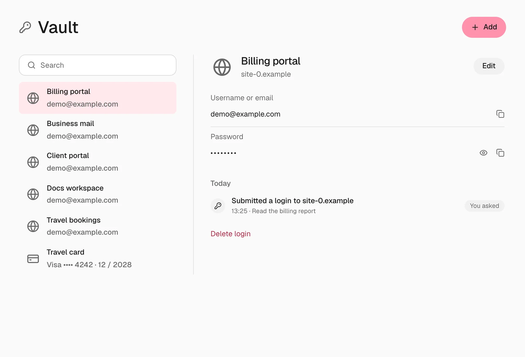 Vault with five logins and a card, and Add at the top. The selected login shows every time Nod asked for it, used it or you entered it.