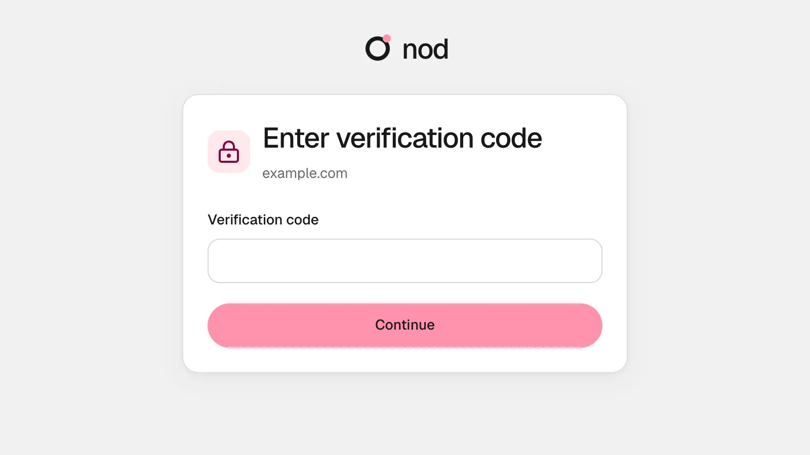 The private Enter verification code form for example.com, with one code field and a Continue button.